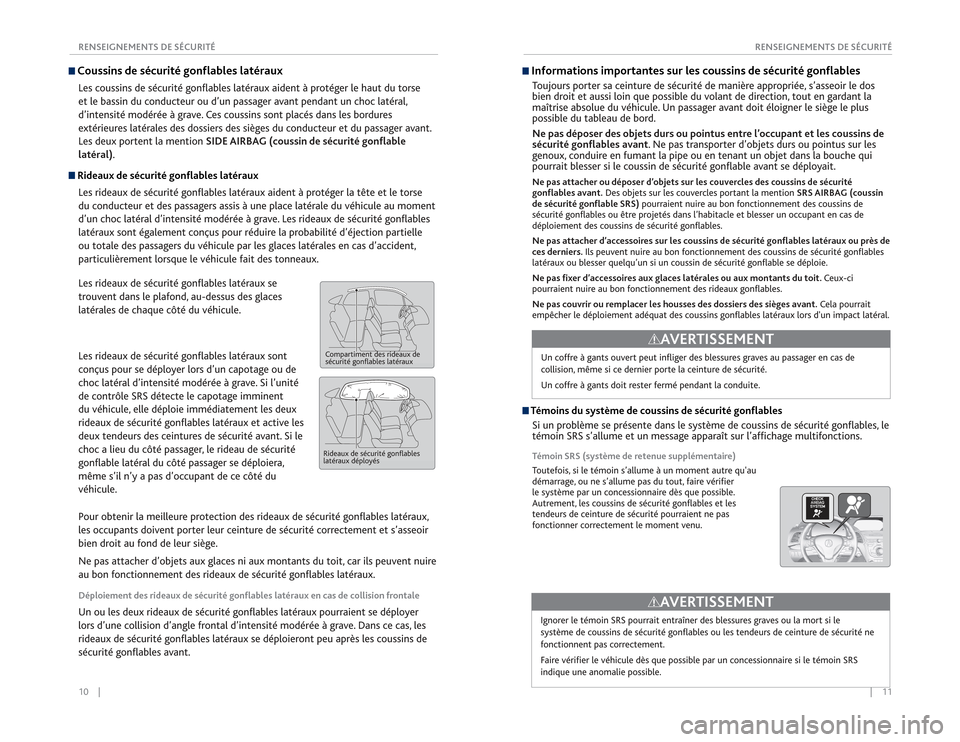 Acura RDX 2015 Guide du propriétaire (in French) 10 || 11
RENSEIGNEMENTS DE SÉCURITÉ
RENSEIGNEMENTS DE SÉCURITÉCoussins de sécurité gonflables latérauxLes coussins de sécurité gonflables latéraux aident à protéger le haut du torse Acura RDX 2015 Guide du propriétaire (in French) 10 || 11
RENSEIGNEMENTS DE SÉCURITÉ
RENSEIGNEMENTS DE SÉCURITÉCoussins de sécurité gonflables latérauxLes coussins de sécurité gonflables latéraux aident à protéger le haut du torse