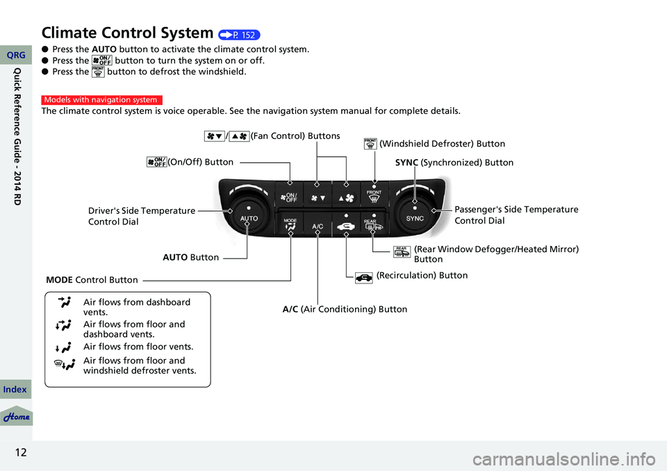 Acura RDX 2014  Owners Manual Quick Reference Guide - 2014 RDX
12
Climate Control System (P 152)
● Press the  AUTO button to activate the climate control system.
● Press the   button to turn  the system on or off.
● Press th