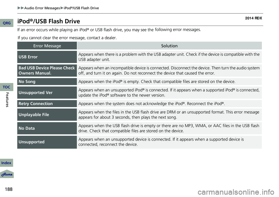 Acura RDX 2014  Owners Manual 188
uuAudio Error Messages uiPod ®/USB Flash Drive
Features
iPod ®/USB Flash Drive
If an error occurs while playing an iPod® or USB flash drive, you may see the  following error messages.
 If you c