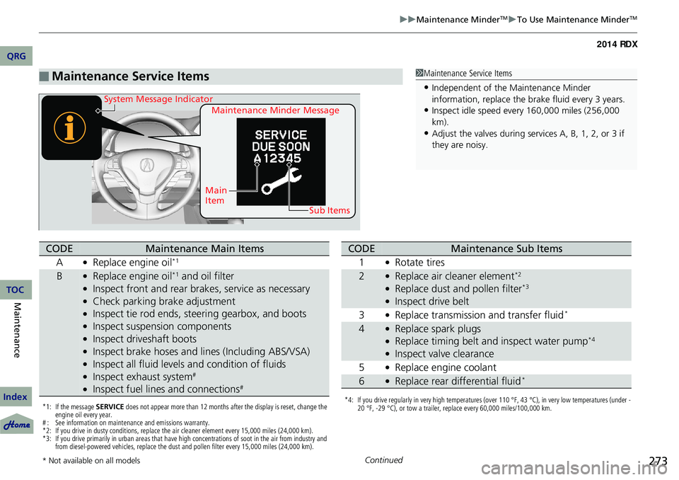 Acura RDX 2014 Owners Manual 273
uuMaintenance MinderTMuTo Use Maintenance MinderTM
Continued
■Maintenance Service Items1Maintenance Service Items
•Independent of the Maintenance Minder
information, replace the brake fluid e Acura RDX 2014 Owners Manual 273
uuMaintenance MinderTMuTo Use Maintenance MinderTM
Continued
■Maintenance Service Items1Maintenance Service Items
•Independent of the Maintenance Minder
information, replace the brake fluid e