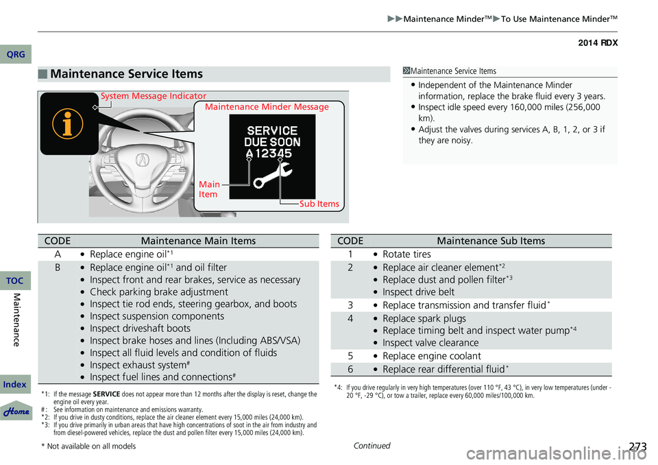 Acura RDX 2014 User Guide 273
uuMaintenance MinderTMuTo Use Maintenance MinderTM
Continued
■Maintenance Service Items1Maintenance Service Items
•Independent of the Maintenance Minder 
information, replace the brake fluid e