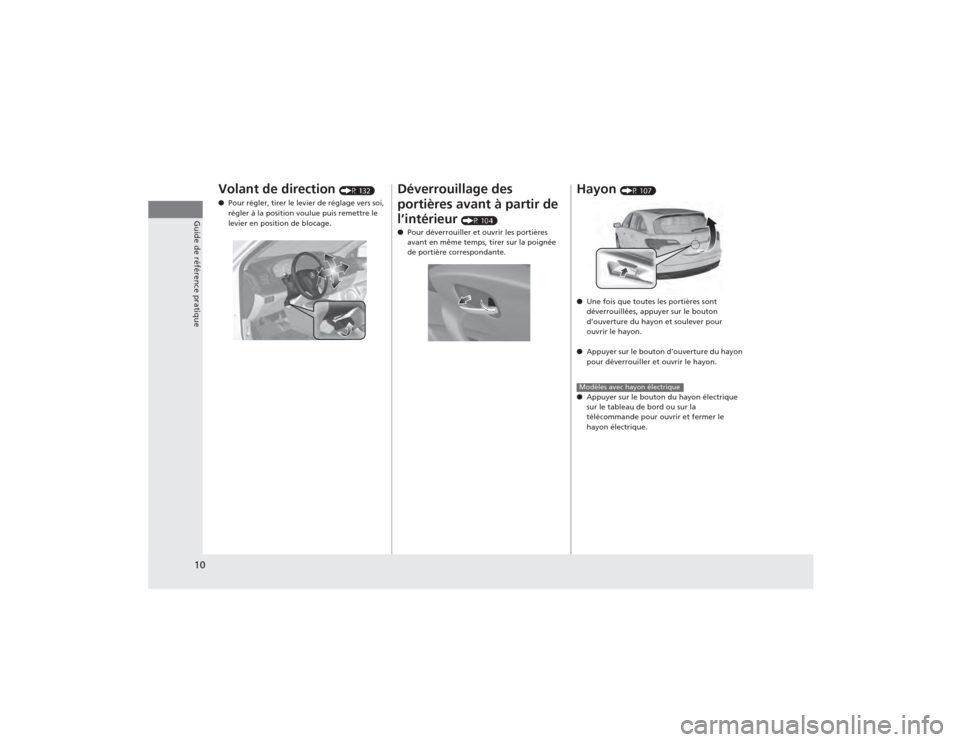 Acura RDX 2014 Manuel du propriétaire (in French) 10Guide de référence pratique
Volant de direction
(P 132)
● Pour régler, tirer le levier de réglage vers soi,
régler à la position voulue puis remettre le
levier en position de blocage.
Dé Acura RDX 2014 Manuel du propriétaire (in French) 10Guide de référence pratique
Volant de direction
(P 132)
● Pour régler, tirer le levier de réglage vers soi,
régler à la position voulue puis remettre le
levier en position de blocage.
Dé