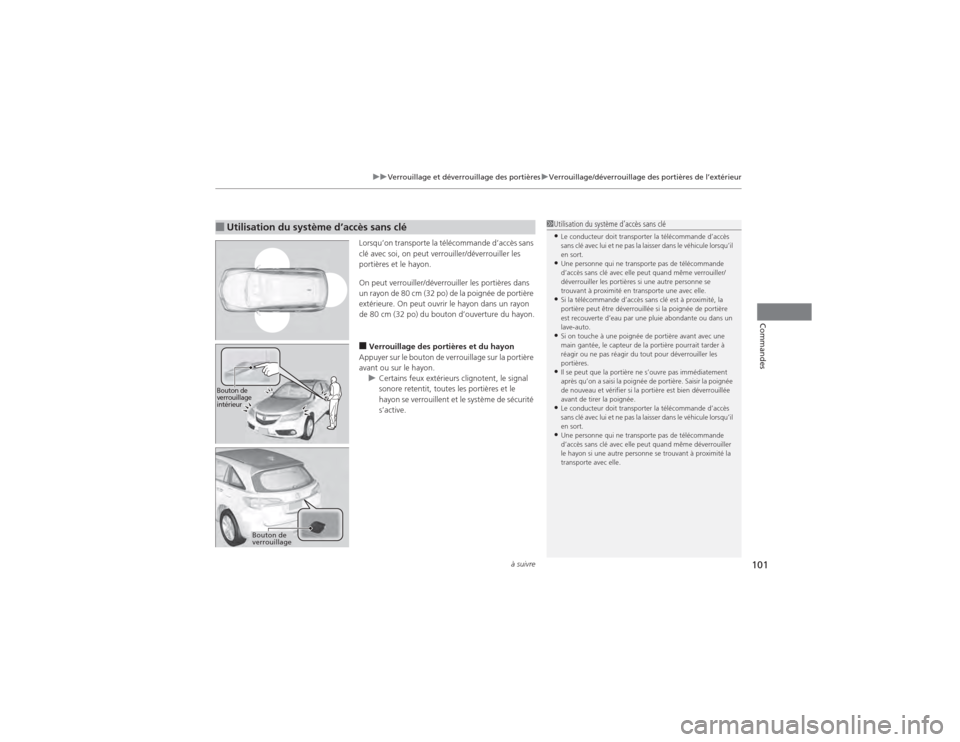 Acura RDX 2014  Manuel du propriétaire (in French) à suivre
101
uuVerrouillage et déverrouillage des portières uVerrouillage/déverrouillage des portières de l’extérieur
Commandes
Lorsqu’on transporte la télécommande d’accès sans 
clé a