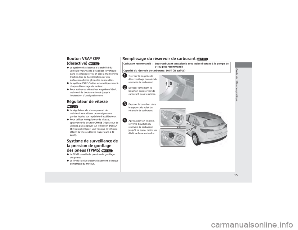 Acura RDX 2014 Manuel du propriétaire (in French) 15Guide de référence pratique
Bouton VSA® OFF
(désactivé)
(P 252)
● Le système d’assistance à la stabilité du
véhicule (VSA ®) aide à stabiliser le véhicule
dans les virages serré Acura RDX 2014 Manuel du propriétaire (in French) 15Guide de référence pratique
Bouton VSA® OFF
(désactivé)
(P 252)
● Le système d’assistance à la stabilité du
véhicule (VSA ®) aide à stabiliser le véhicule
dans les virages serré