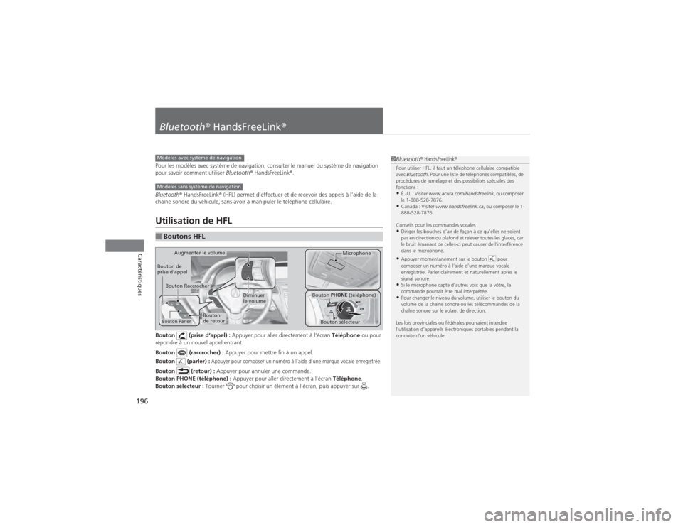 Acura RDX 2014  Manuel du propriétaire (in French) 196Caractéristiques
Bluetooth® HandsFreeLink ®Pour les modèles avec système de navigation, consulter le manuel du système de navigation 
pour savoir comment utiliser  Bluetooth® HandsFreeLink 