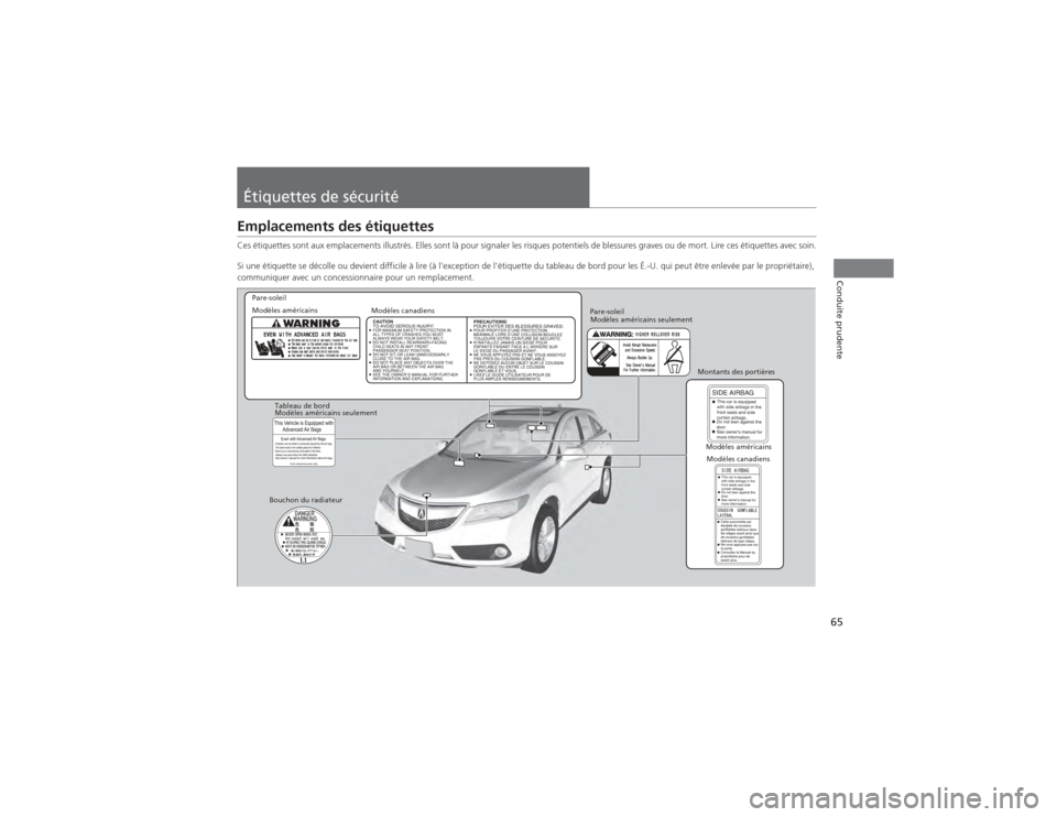 Acura RDX 2014  Manuel du propriétaire (in French) 65Conduite prudente
Étiquettes de sécuritéEmplacements des étiquettesCes étiquettes sont aux emplacements illustrés. Elles sont là pour signaler les risques potentiels de blessures graves ou de