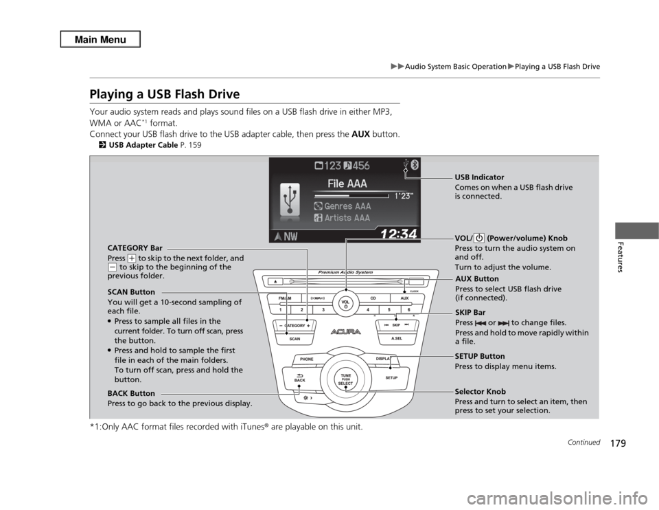 Acura RDX 2013 Owners Manual 179
uuAudio System Basic Operation uPlaying a USB Flash Drive
Continued
Features
Playing a USB Flash DriveYour audio system reads and plays sound files on a USB flash drive in either MP3,
WMA or AAC
Acura RDX 2013 Owners Manual 179
uuAudio System Basic Operation uPlaying a USB Flash Drive
Continued
Features
Playing a USB Flash DriveYour audio system reads and plays sound files on a USB flash drive in either MP3,
WMA or AAC