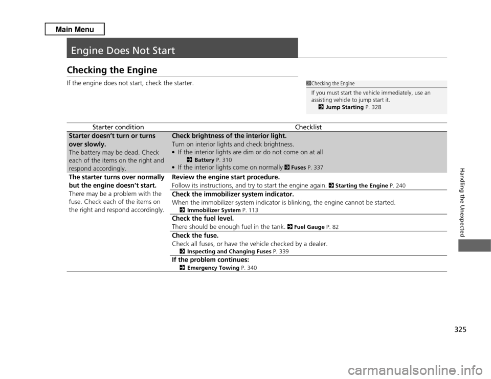 Acura RDX 2013 User Guide 325Handling the Unexpected
Engine Does Not StartChecking the EngineIf the engine does not start, check the starter.
Starter condition
Checklist
Starter doesn’t turn or turns 
over slowly.
The batter