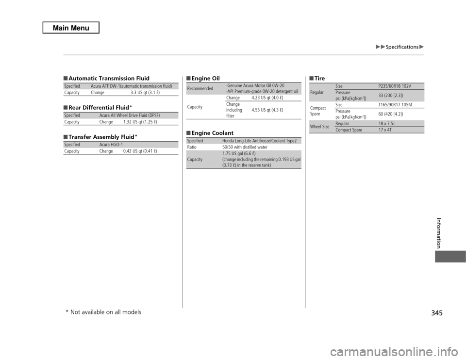 Acura RDX 2013  Owners Manual 345
uuSpecifications u
Information
■Automatic Transmission Fluid
■ Rear Differential Fluid
*
■Transfer Assembly Fluid
*
Specified
Acura ATF DW-1(automatic transmission fluid)
Capacity Change 3.3