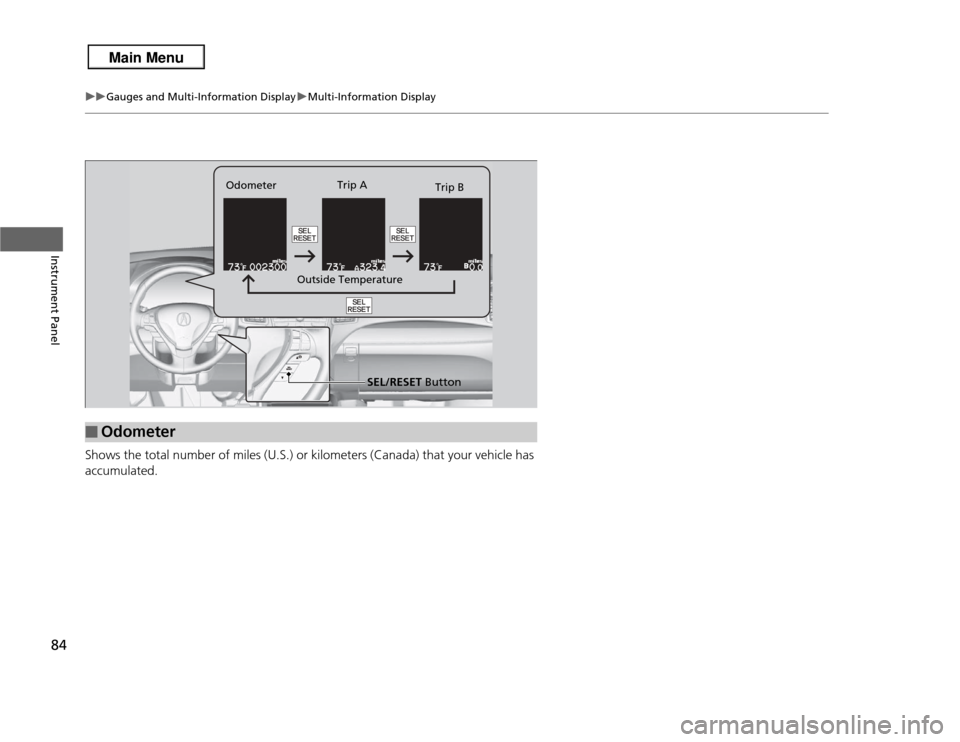 Acura RDX 2013  Owners Manual 84
uuGauges and Multi-Information Display uMulti-Information Display
Instrument Panel
Shows the total number of miles (U.S.) or kilometers (Canada) that your vehicle has 
accumulated.■
Odometer
SEL/