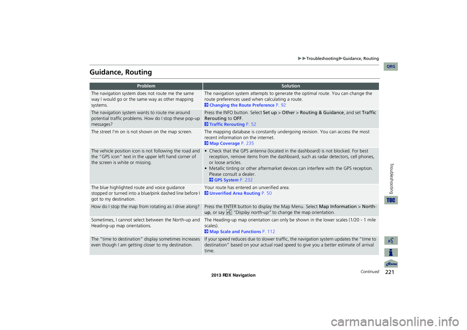 Acura RDX 2013 Navigation Manual 221
TroubleshootingGuidance, Routing
Troubleshooting
Guidance, Routing
ProblemSolution
The navigation system does not route me the same
way I would go or the same way as other mapping
syste Acura RDX 2013 Navigation Manual 221
TroubleshootingGuidance, Routing
Troubleshooting
Guidance, Routing
ProblemSolution
The navigation system does not route me the same
way I would go or the same way as other mapping
syste