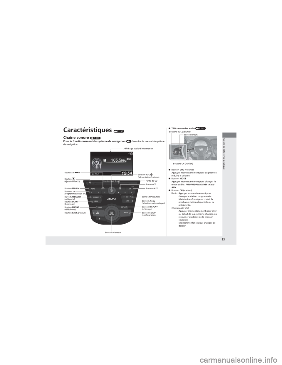 Acura RDX 2013  Manuel du propriétaire (in French) 13
Guide de référence pratique
Caractéristiques (P 157)
Chaîne sonore (P 158) Pour le fonctionnement du système de navigation () Consulter le manuel du système 
de navigation
Affichage audio/d�
