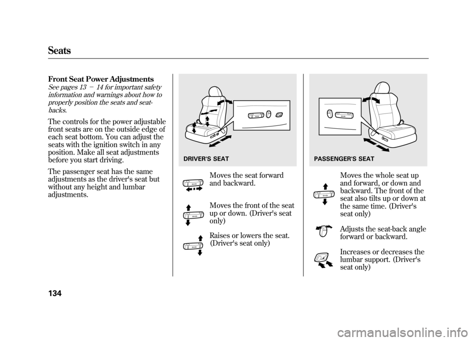 Acura RDX 2012  Owners Manual Front Seat Power AdjustmentsSee pages 13－14 for important safety
information and warnings about how to
properly position the seats and seat-backs.The controls for the power adjustable
front seats ar