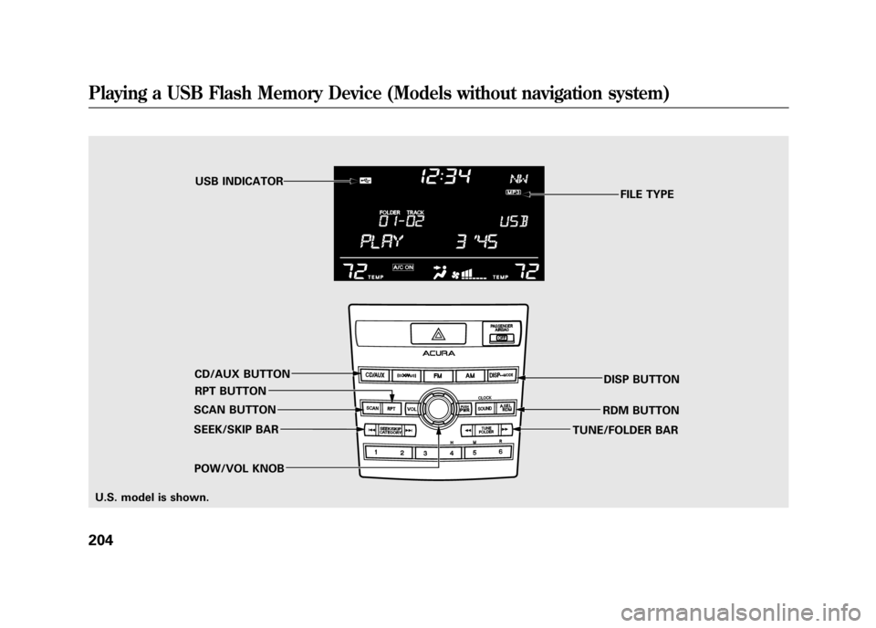 Acura RDX 2012 Service Manual FILE TYPE
POW/VOL KNOB RPT BUTTONUSB INDICATOR
SEEK/SKIP BAR RDM BUTTON
CD/AUX BUTTON
DISP BUTTON
TUNE/FOLDER BAR
SCAN BUTTON
U.S. model is shown.
Playing a USB Flash Memory Device (Models without nav Acura RDX 2012 Service Manual FILE TYPE
POW/VOL KNOB RPT BUTTONUSB INDICATOR
SEEK/SKIP BAR RDM BUTTON
CD/AUX BUTTON
DISP BUTTON
TUNE/FOLDER BAR
SCAN BUTTON
U.S. model is shown.
Playing a USB Flash Memory Device (Models without nav