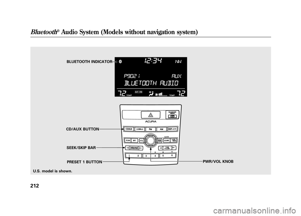 Acura RDX 2012  Owners Manual BLUETOOTH INDICATOR
SEEK/SKIP BAR
CD/AUX BUTTON
PWR/VOL KNOB
PRESET 1 BUTTON
U.S. model is shown.
Bluetooth
®Audio System (Models without navigation system)
21211/06/16 17:42:51 12 ACURA RDX MMC Nort