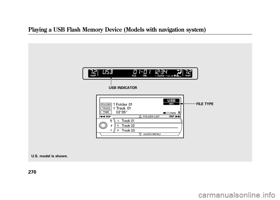 Acura RDX 2012 Owners Manual USB INDICATOR
U.S. model is shown. FILE TYPE
Playing a USB Flash Memory Device (Models with navigation system)27011/06/16 17:42:51 12 ACURA RDX MMC North America Owners M 50 31STK650 enu Acura RDX 2012 Owners Manual USB INDICATOR
U.S. model is shown. FILE TYPE
Playing a USB Flash Memory Device (Models with navigation system)27011/06/16 17:42:51 12 ACURA RDX MMC North America Owners M 50 31STK650 enu