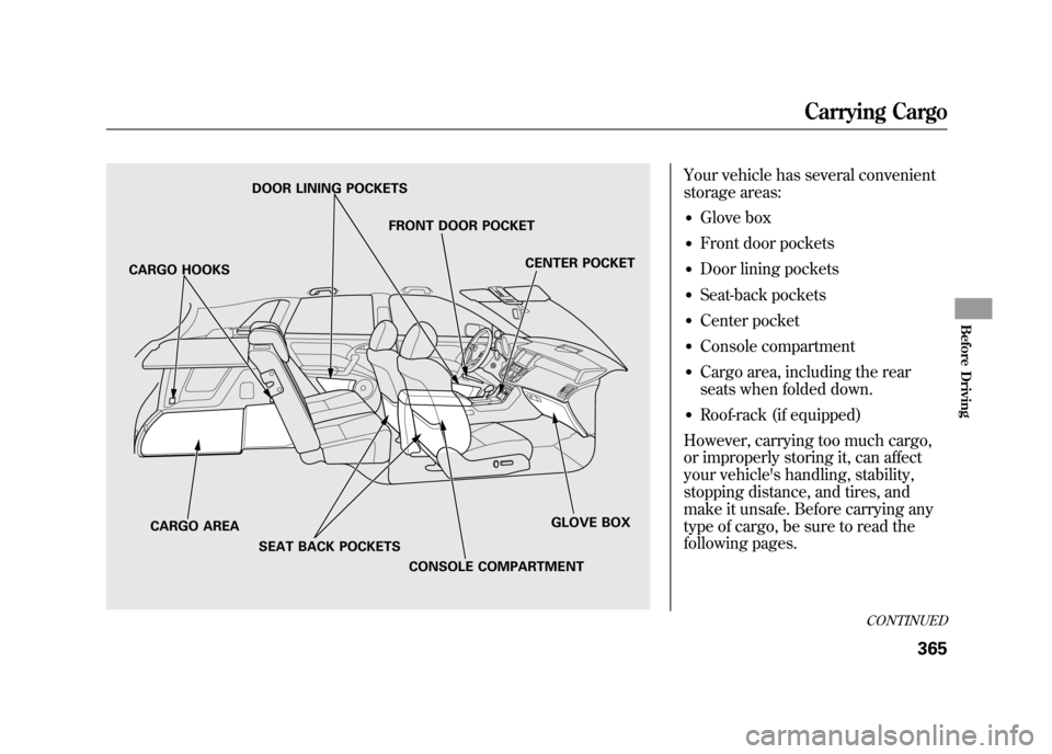 Acura RDX 2012 Owners Manual Your vehicle has several convenient
storage areas:●Glove box●Front door pockets●Door lining pockets●Seat-back pockets●Center pocket●Console compartment●Cargo area, including the rear
sea Acura RDX 2012 Owners Manual Your vehicle has several convenient
storage areas:●Glove box●Front door pockets●Door lining pockets●Seat-back pockets●Center pocket●Console compartment●Cargo area, including the rear
sea