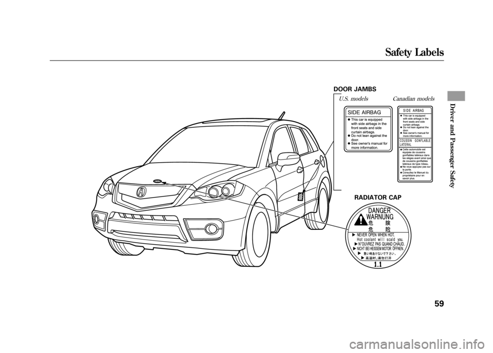 Acura RDX 2012 Repair Manual DOOR JAMBSU.S. models
RADIATOR CAP
Canadian modelsSafety Labels
59
Driver and Passenger Safety
11/06/16 17:42:51 12 ACURA RDX MMC North America Owners M 50 31STK650 enu 
