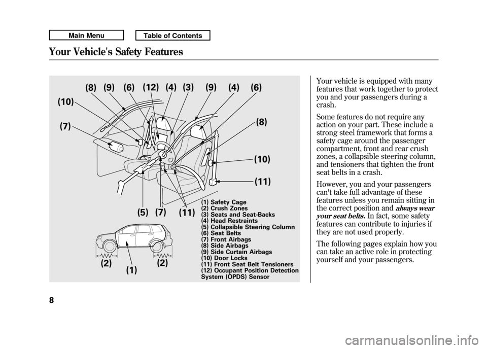Acura RDX 2011  Owners Manual Your vehicle is equipped with many
features that work together to protect
you and your passengers during a
crash.
Some features do not require any
action on your part. These include a
strong steel fra