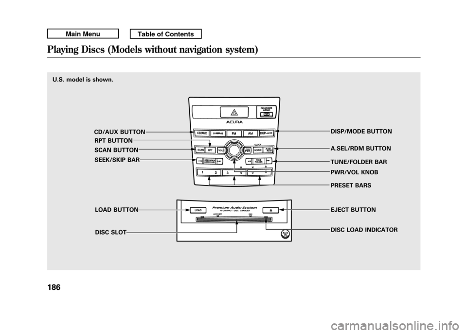 Acura RDX 2011 Owners Guide U.S. model is shown.CD/AUX BUTTONRPT BUTTON
SCAN BUTTON
SEEK/SKIP BAR
LOAD BUTTONDISC SLOT DISP/MODE BUTTON
A.SEL/RDM BUTTON
TUNE/FOLDER BAR PWR/VOL KNOB
PRESET BARS
EJECT BUTTON
DISC LOAD INDICATORPl Acura RDX 2011 Owners Guide U.S. model is shown.CD/AUX BUTTONRPT BUTTON
SCAN BUTTON
SEEK/SKIP BAR
LOAD BUTTONDISC SLOT DISP/MODE BUTTON
A.SEL/RDM BUTTON
TUNE/FOLDER BAR PWR/VOL KNOB
PRESET BARS
EJECT BUTTON
DISC LOAD INDICATORPl