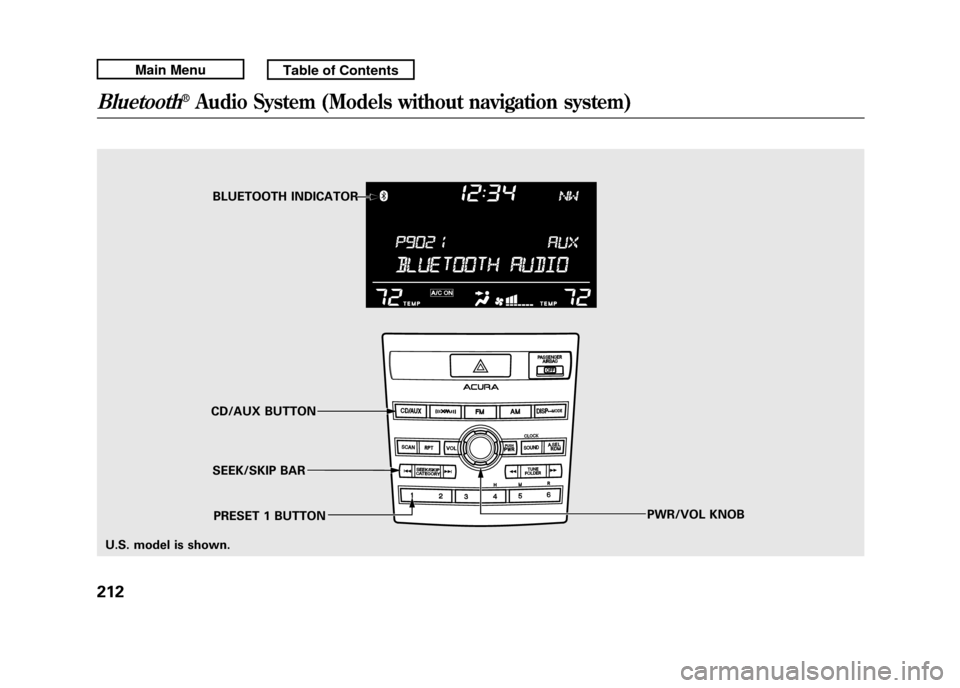 Acura RDX 2011  Owners Manual BLUETOOTH INDICATOR
SEEK/SKIP BAR
CD/AUX BUTTON
PWR/VOL KNOB
PRESET 1 BUTTON
U.S. model is shown.
Bluetooth
®Audio System (Models without navigation system)
21210/06/08 17:42:32 11 ACURA RDX MMC Nort