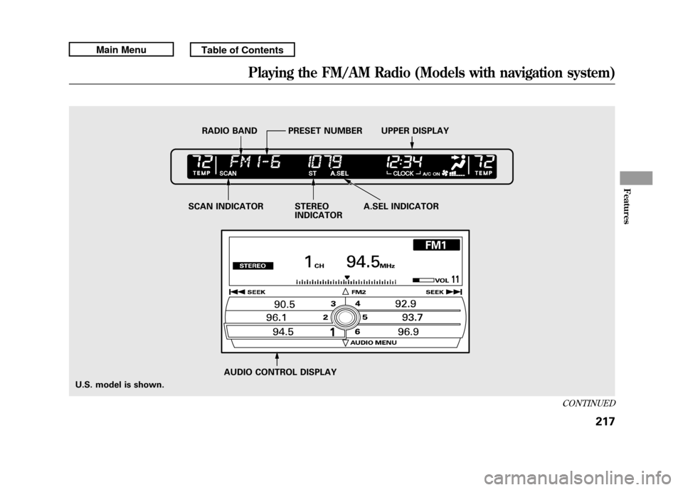 Acura RDX 2011 Workshop Manual U.S. model is shown.AUDIO CONTROL DISPLAY
SCAN INDICATOR STEREO
INDICATORA.SEL INDICATOR
RADIO BAND PRESET NUMBER UPPER DISPLAY
CONTINUED
Playing the FM/AM Radio (Models with navigation system)
217
Fe Acura RDX 2011 Workshop Manual U.S. model is shown.AUDIO CONTROL DISPLAY
SCAN INDICATOR STEREO
INDICATORA.SEL INDICATOR
RADIO BAND PRESET NUMBER UPPER DISPLAY
CONTINUED
Playing the FM/AM Radio (Models with navigation system)
217
Fe