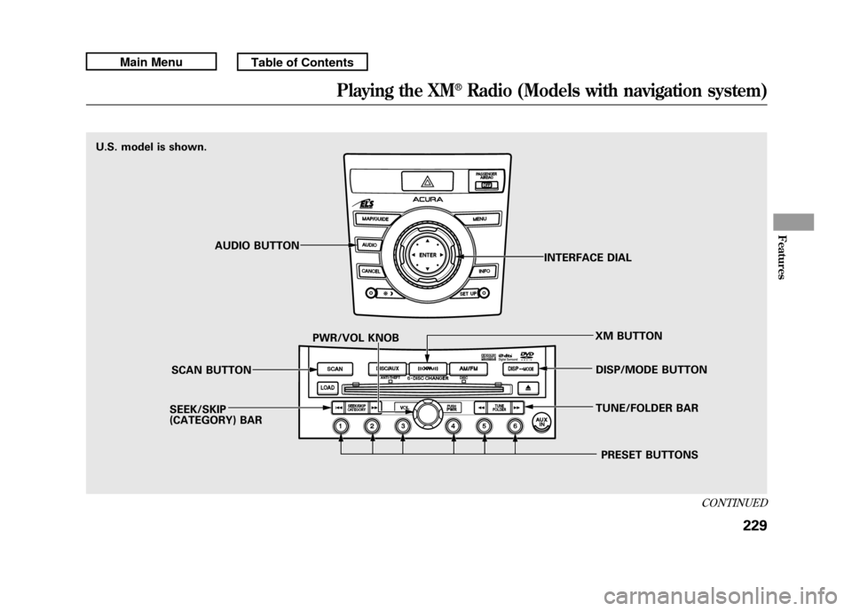 Acura RDX 2011 Repair Manual SEEK/SKIP
(CATEGORY) BARSCAN BUTTON AUDIO BUTTON
INTERFACE DIAL
XM BUTTONDISP/MODE BUTTON
TUNE/FOLDER BAR
PRESET BUTTONS
PWR/VOL KNOB
U.S. model is shown.
CONTINUED
Playing the XM
®Radio (Models with Acura RDX 2011 Repair Manual SEEK/SKIP
(CATEGORY) BARSCAN BUTTON AUDIO BUTTON
INTERFACE DIAL
XM BUTTONDISP/MODE BUTTON
TUNE/FOLDER BAR
PRESET BUTTONS
PWR/VOL KNOB
U.S. model is shown.
CONTINUED
Playing the XM
®Radio (Models with