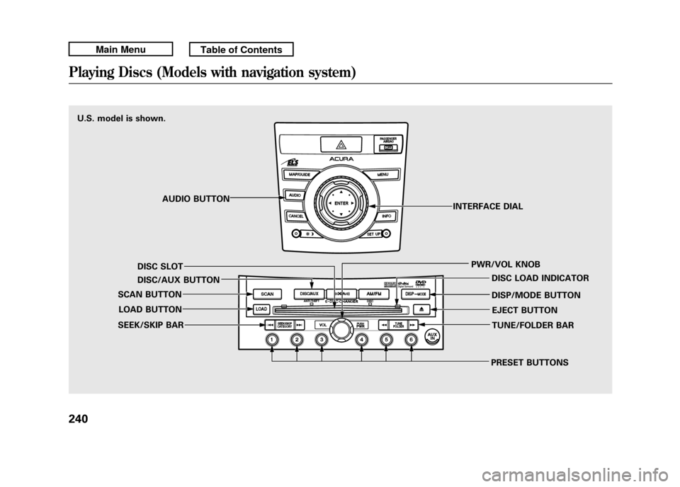 Acura RDX 2011 Manual PDF U.S. model is shown.AUDIO BUTTON
DISC SLOT
DISC/AUX BUTTON
SCAN BUTTON
LOAD BUTTON
SEEK/SKIP BAR
PRESET BUTTONSTUNE/FOLDER BAR EJECT BUTTON
DISP/MODE BUTTON DISC LOAD INDICATOR
PWR/VOL KNOB
INTERFACE Acura RDX 2011 Manual PDF U.S. model is shown.AUDIO BUTTON
DISC SLOT
DISC/AUX BUTTON
SCAN BUTTON
LOAD BUTTON
SEEK/SKIP BAR
PRESET BUTTONSTUNE/FOLDER BAR EJECT BUTTON
DISP/MODE BUTTON DISC LOAD INDICATOR
PWR/VOL KNOB
INTERFACE