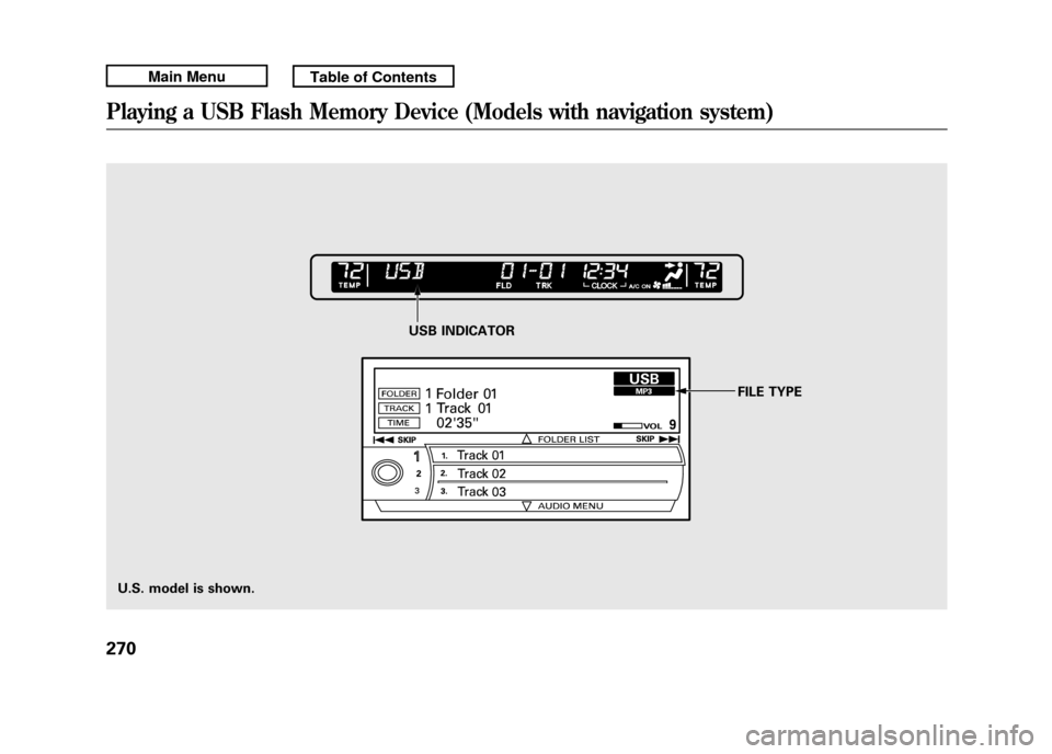 Acura RDX 2011 Owners Manual USB INDICATOR
U.S. model is shown. FILE TYPE
Playing a USB Flash Memory Device (Models with navigation system)27010/06/08 17:42:32 11 ACURA RDX MMC North America Owners M 50 31STK640 enu Acura RDX 2011 Owners Manual USB INDICATOR
U.S. model is shown. FILE TYPE
Playing a USB Flash Memory Device (Models with navigation system)27010/06/08 17:42:32 11 ACURA RDX MMC North America Owners M 50 31STK640 enu