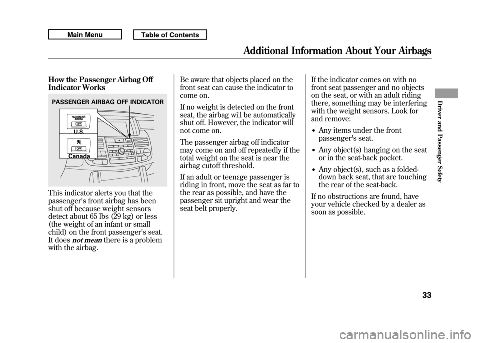 Acura RDX 2011 Owners Guide How the Passenger Airbag Off
Indicator WorksThis indicator alerts you that the
passengers front airbag has been
shut off because weight sensors
detect about 65 lbs (29 kg) or less
(the weight of an i