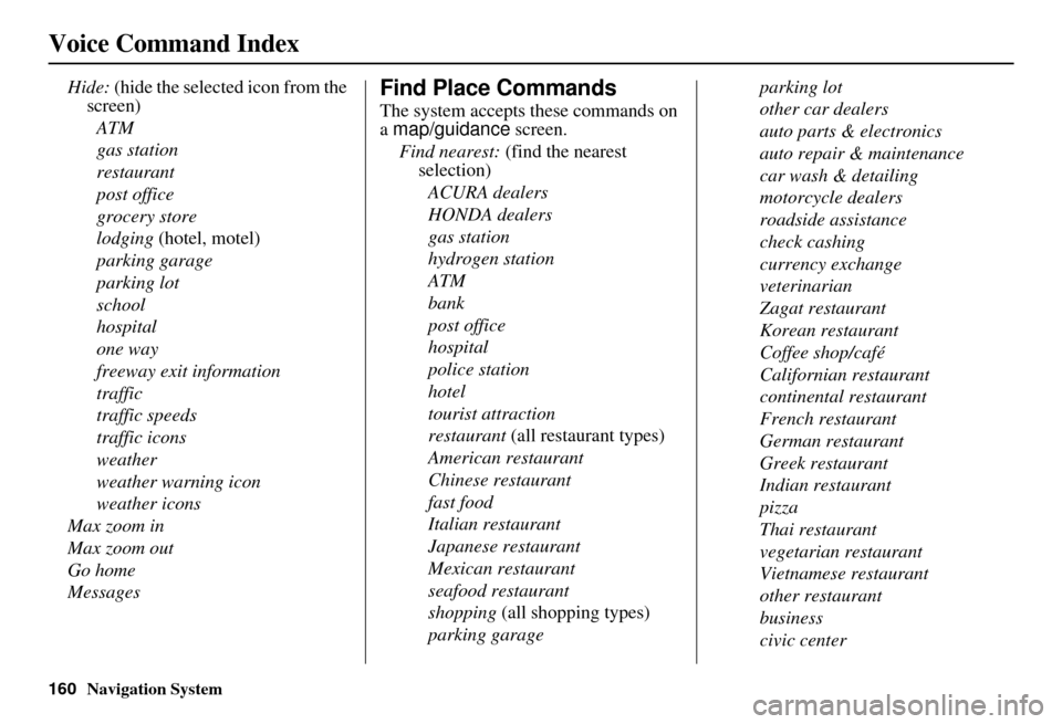 Acura RDX 2011  Navigation Manual 160Navigation System
Voice Command Index
Hide: (hide the selected icon from the 
screen)
ATM
gas station
restaurant
post office
grocery store
lodging  (hotel, motel)
parking garage
parking lot
school

