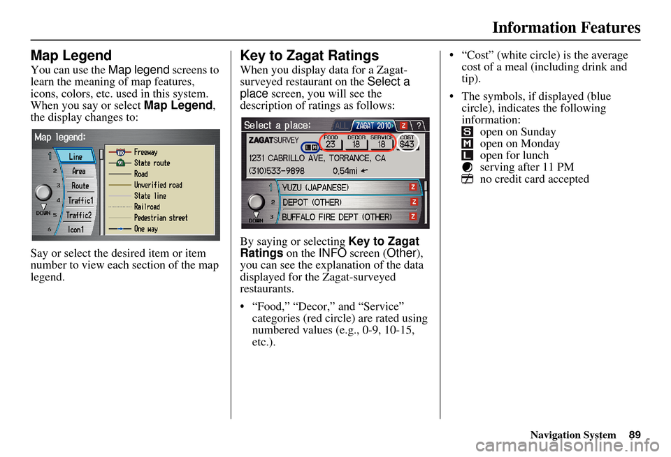 Acura RDX 2011 Navigation Manual Navigation System
Information Features
Map Legend
You can use the Map legend screens to
learn the meaning of map features,
icons, colors, etc. us ed in this system.
When you say or select Map Lege Acura RDX 2011 Navigation Manual Navigation System
Information Features
Map Legend
You can use the Map legend screens to
learn the meaning of map features,
icons, colors, etc. us ed in this system.
When you say or select Map Lege