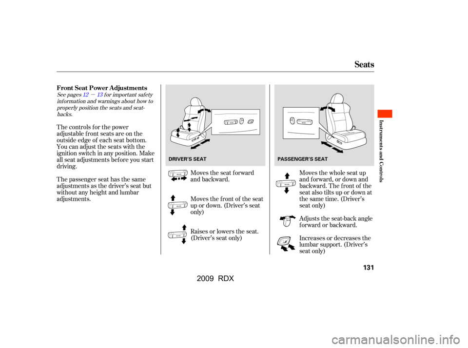 Acura RDX 2009  Owners Manual µ
See pagesf or important saf ety
inf ormation and warnings about how toproperly position the seats and seat-backs. 1213
The controls f or the power 
adjustable front seats are on the
outside edge o