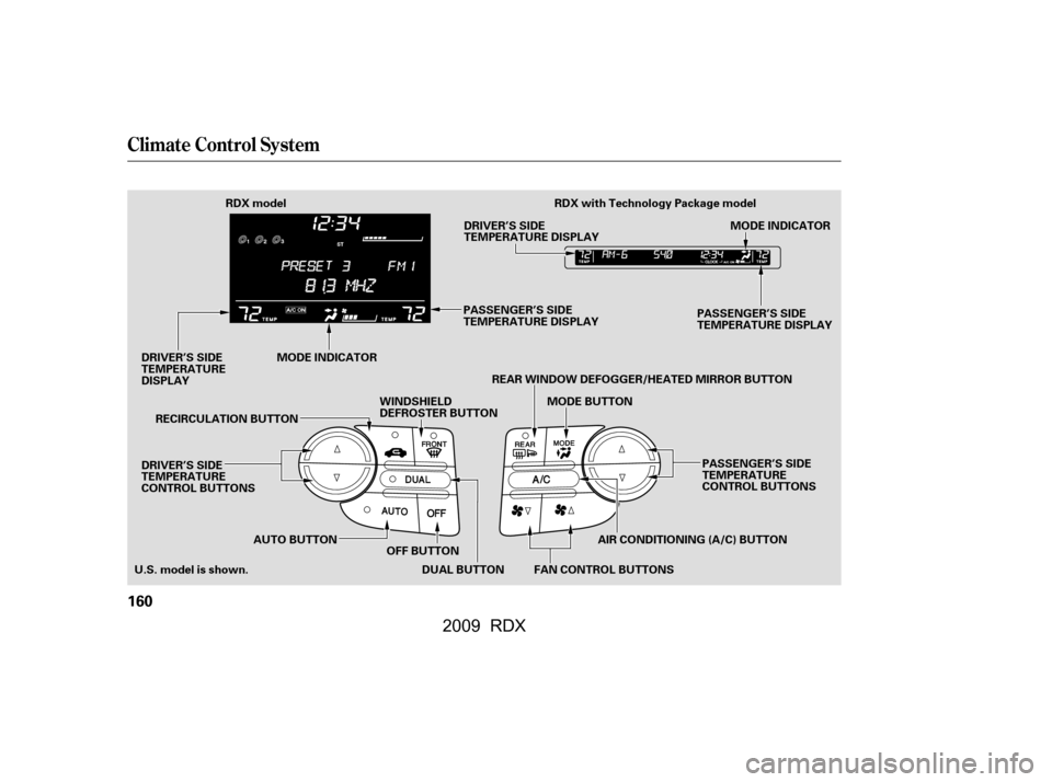 Acura RDX 2009  Owners Manual Climate Control System
160
RDX modelOFF BUTTON
U.S. model is shown. MODE INDICATOR
DUAL BUTTON FAN CONTROL BUTTONS AIR CONDITIONING (A/C) BUTTON
DRIVER’S SIDE 
TEMPERATURE
CONTROL BUTTONS
AUTO BUTTO