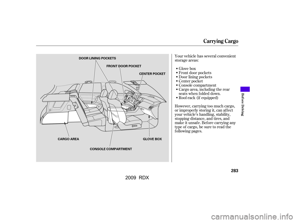 Acura RDX 2009  Owners Manual 
Your vehicle has several convenient
storage areas:
However, carrying too much cargo,
or improperly storing it, can af f ect
your vehicle’s handling, stability,
stopping distance, and tires, and
mak