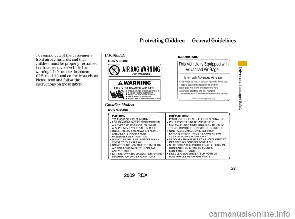 Acura RDX 2009  Owners Manual µ
To remind you of the passenger’s 
f ront airbag hazards, and that
children must be properly restrained 
in a back seat, your vehicle has 
warninglabelsonthedashboard
(U.S. models) and on the f r