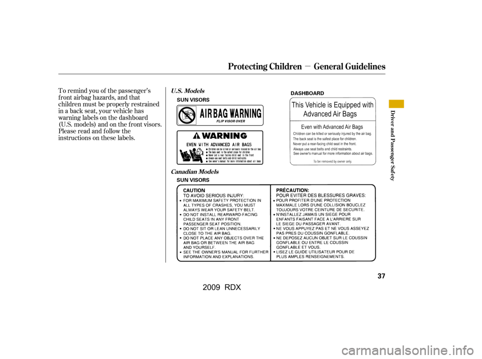 Acura RDX 2009 Service Manual µ
To remind you of the passenger’s 
f ront airbag hazards, and that
children must be properly restrained 
in a back seat, your vehicle has 
warninglabelsonthedashboard
(U.S. models) and on the f r