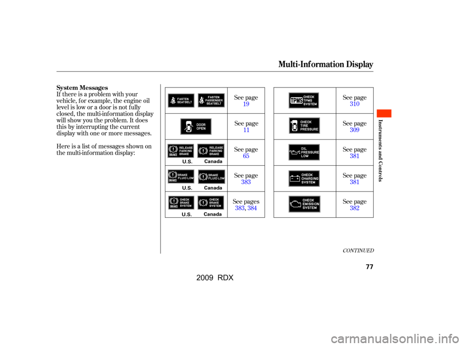 Acura RDX 2009  Owners Manual 
If there is a problem with your
vehicle, f or example, the engine oil
level is low or a door is not f ully
closed, the multi-inf ormation display
will show you the problem. It does
this by interrupti