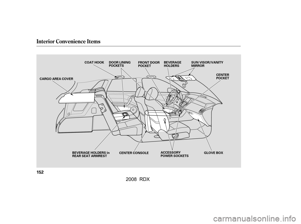 Acura RDX 2008  Owners Manual Interior Convenience Items
152
GLOVE BOX
COAT HOOK
CENTER 
POCKET
SUN VISOR/VANITY
MIRROR
BEVERAGE
HOLDERS
BEVERAGE HOLDERS in
REAR SEAT ARMREST CENTER CONSOLEFRONT DOOR
POCKET
ACCESSORY
POWER SOCKETS