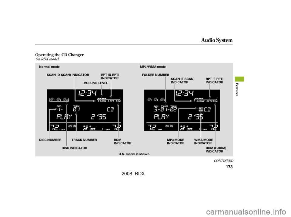 Acura RDX 2008  Owners Manual CONT INUED
On RDX model
Audio System
Operating the CD Changer
Features
173
Normal mode MP3/WMA modeSCAN (D-SCAN) INDICATOR RPT (D-RPT) INDICATOR
WMA MODE 
INDICATOR
MP3 MODE
INDICATOR
RDM (F-RDM)
INDI
