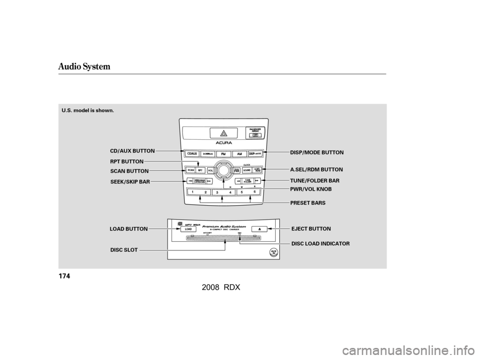 Acura RDX 2008  Owners Manual Audio System
174
LOAD BUTTONDISC SLOT EJECT BUTTON 
DISC LOAD INDICATOR
CD/AUX BUTTON
RPT BUTTON SCAN BUTTON
U.S. model is shown.
DISP/MODE BUTTON 
TUNE/FOLDER BAR 
A.SEL/RDM BUTTON 
PWR/VOL KNOBPRESE