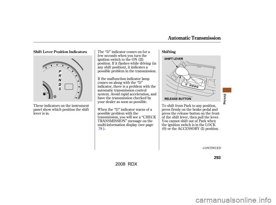 Acura RDX 2008  Owners Manual These indicators on the instrument 
panel show which position the shif t
lever is in.The ‘‘D’’ indicator comes on f or a 
f ew seconds when you turn the
ignition switch to the ON (II)
position
