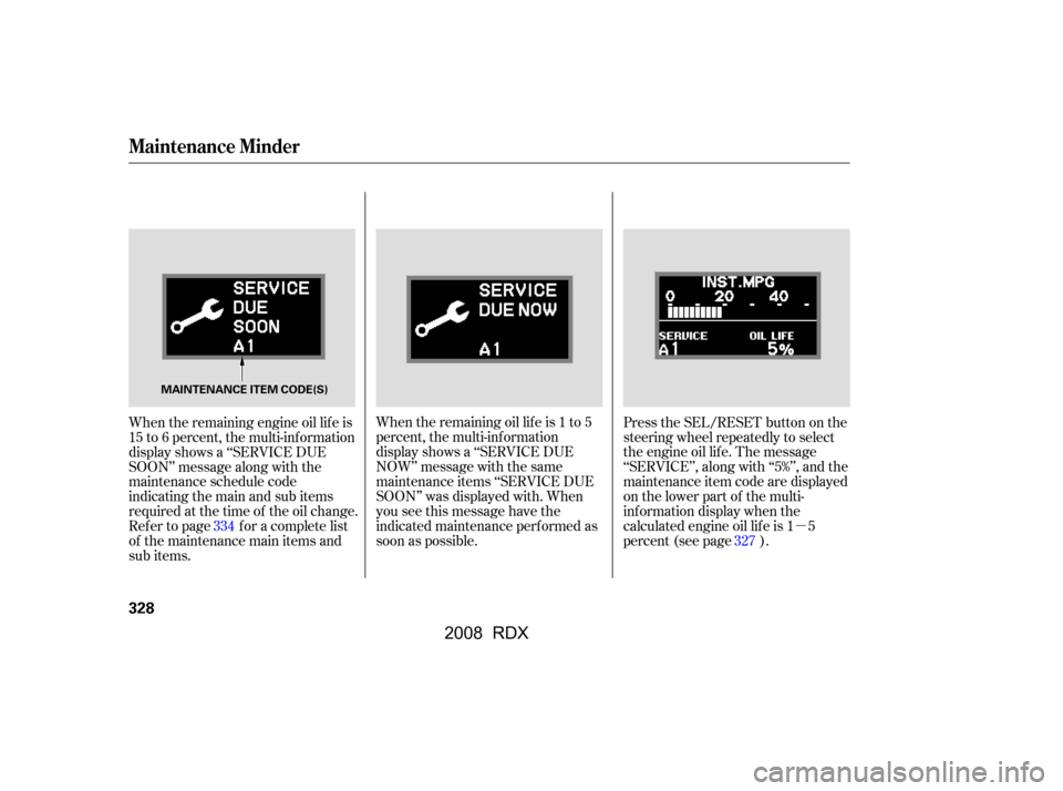 Acura RDX 2008  Owners Manual µ
When the remaining engine oil lif e is 
15 to 6 percent, the multi-inf ormation
display shows a ‘‘SERVICE DUE
SOON’’ message along with the
maintenance schedule code
indicating the main an