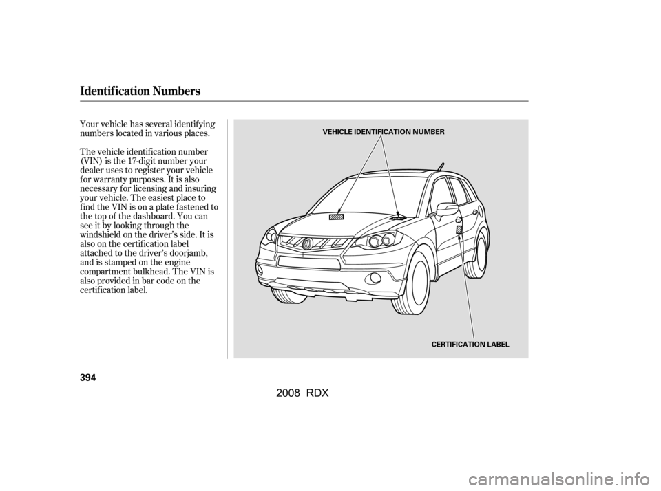 Acura RDX 2008  Owners Manual Your vehicle has several identif ying 
numbers located in various places. 
The vehicle identif ication number 
(VIN) is the 17-digit number your
dealer uses to register your vehicle
f or warranty purp