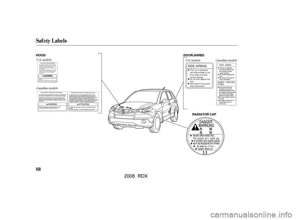 Acura RDX 2008  Owners Manual Canadian models
U.S. models
U.S. models
Canadian models
Saf ety L abels
58
HOOD
RADIATOR CAP
DOORJAMBS
\f—\f—\f
y
y
() 
\fy\f\fy
 2008  RDX   