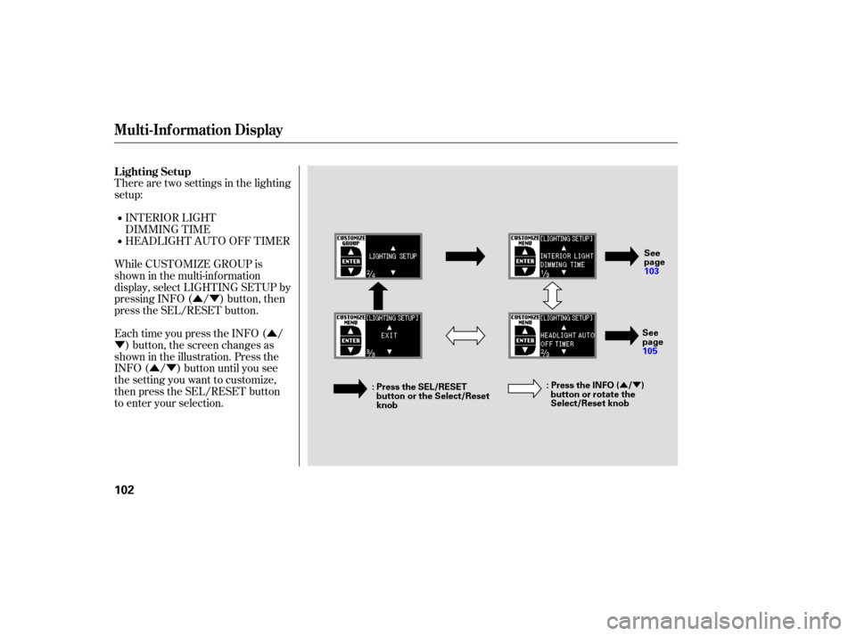 Acura RDX 2007 Manual PDF ÛÝÛ
Ý
ÛÝ
ÛÝ
There are two  settings  in the  lighting
setup:
INTERIOR  LIGHT
DIMMING  TIME
HEAD LIGHT  AUTO OFF TIMER
While  CUSTOMIZE  GROUP is
shown  in the  multi-info rmation
displ