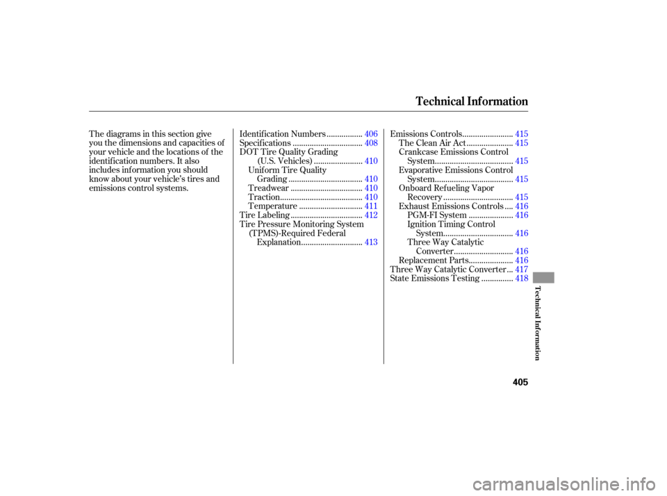 Acura RDX 2007  Owners Manual Thediagramsinthissectiongive
you the dimensions and capacities of
your vehicle and the locations of the
identif ication numbers. It also
includes inf ormation you should
know about your vehicle’s ti