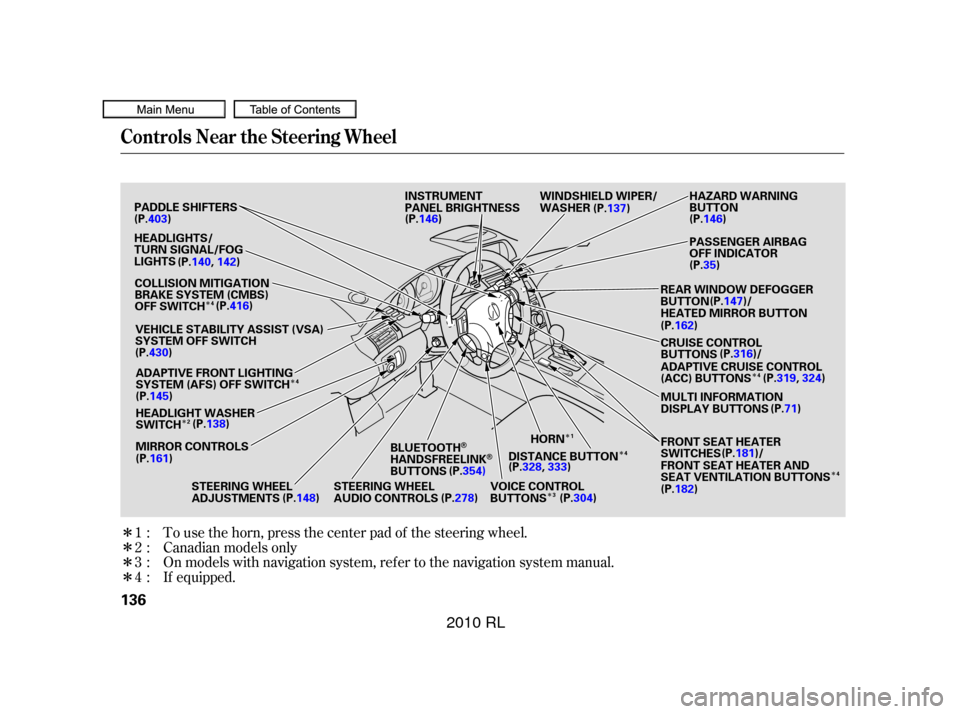 Acura RL 2010  Owners Manual ÎÎ
Î
ÎÎ Î
Î
Î
Î
Î
Î
Î
To use the horn, press the center pad of the steering wheel.
On models with navigation system, refer to the navigation system manual.
If equipped. Canadia