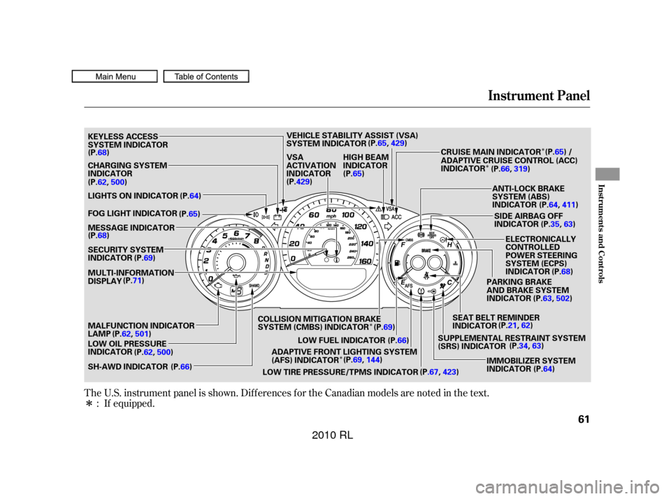 Acura RL 2010  Owners Manual Î
ÎÎ
Î
Î
The U.S. instrument panel is shown. Dif f erences f or the Canadian models are noted in the text. If equipped.
:
Instrument Panel
Inst rument s and Cont rols
61
SEAT BELT REMINDER
I