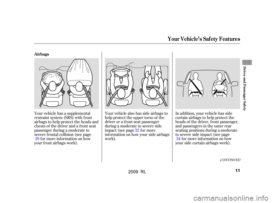 Acura RL 2009 User Guide CONT INUED
Your vehicle has a supplemental 
restraint system (SRS) with f ront
airbags to help protect the heads and 
chests of the driver and a front seat 
passenger during a moderate to
severe f ron